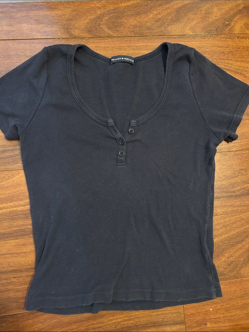 Brandy Melville Navy Short Sleeve Henley Scoop Top